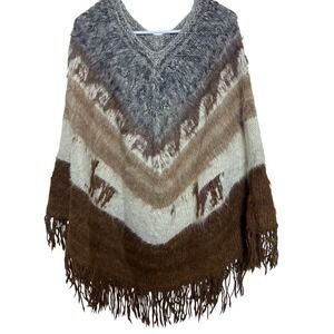Genghis Cohen Imports Alpaca Handknit Bolivia Poncho Fringe Brown Llama Vintage